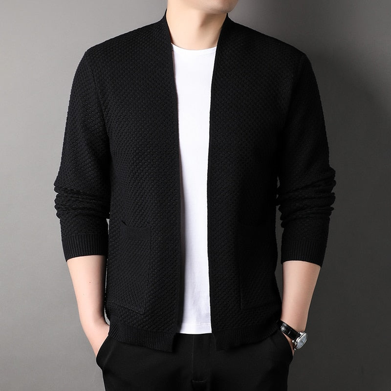 Men's casual wear: a slim fit knitted cardigan, a comfortable and stylish layering piece.