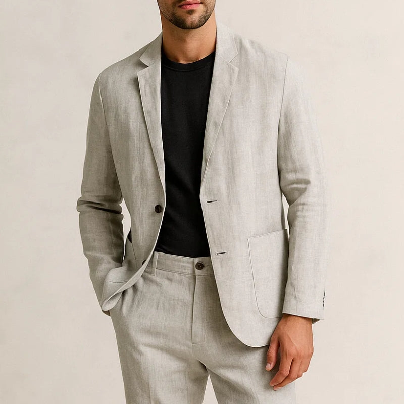 Modern men's linen suit set, including a light blazer and trousers, offering comfort and style.