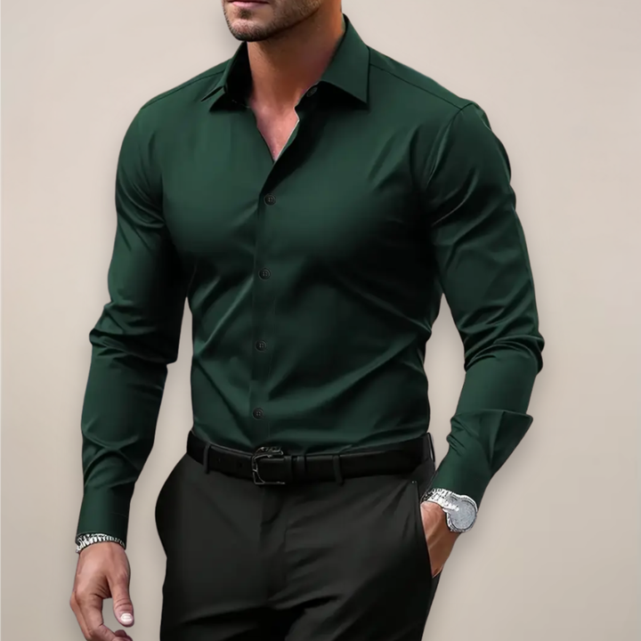 Versatile men's slim-fit long sleeve dress shirt, ideal for smart casual outfits or formal occasions.