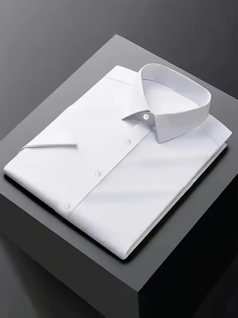 Classic white men's slim fit long sleeve button-down dress shirt for sharp formal & evening wear.