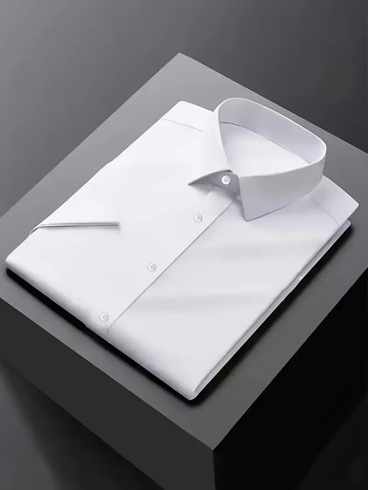 Classic white men's slim fit long sleeve button-down dress shirt for sharp formal & evening wear.