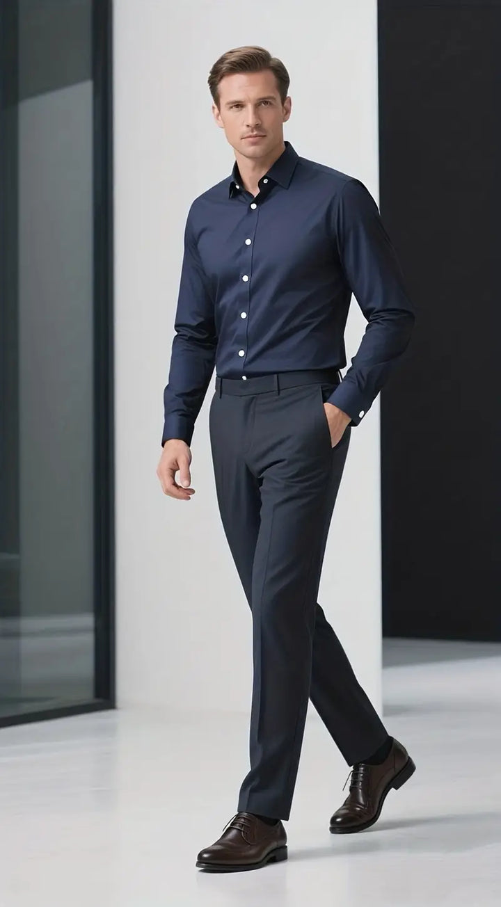 Sleek black men's slim fit long sleeve dress shirt. Essential button-down for formal events & business.