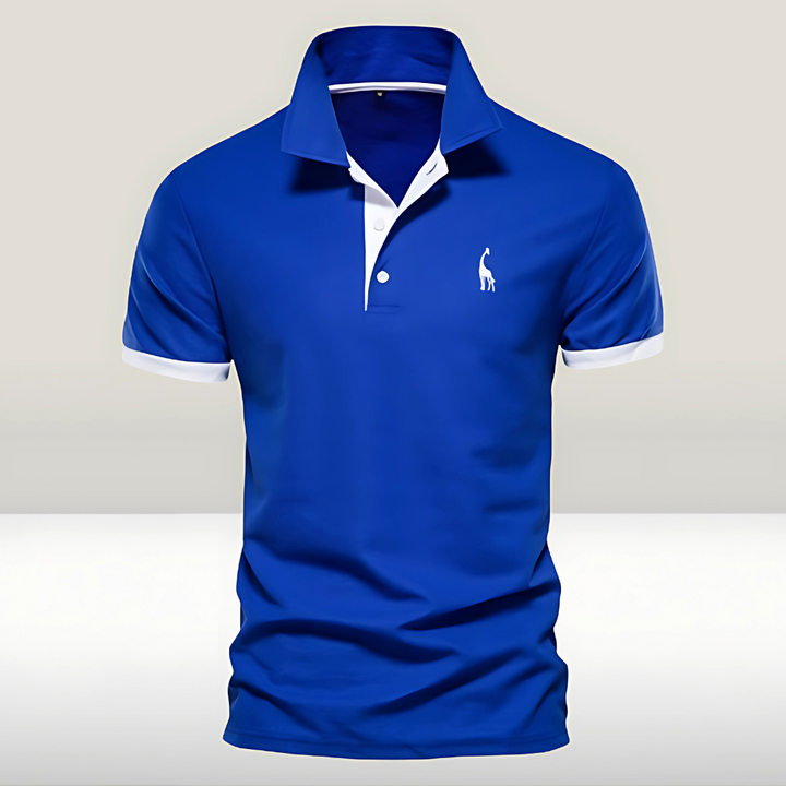 Close-up of men's slim fit short sleeve polo shirt with distinctive contrast trim detail.