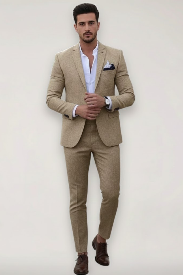 Men's slim fit spring suit in khaki, perfect for modern formal wear or business attire