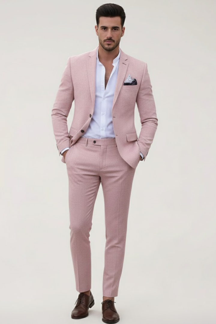 Pink slim fit men's suit set, a contemporary choice for formal occasions and apparel