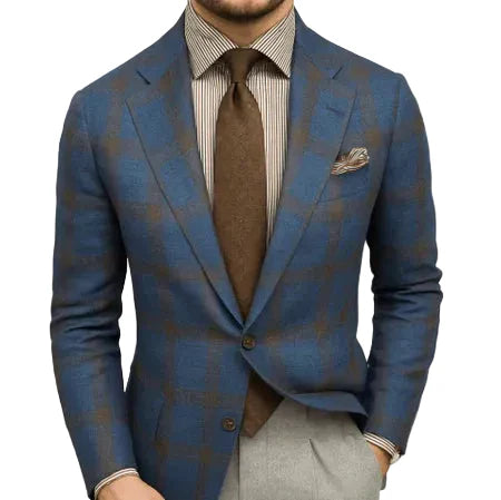 Men's slim fit tailored blazer with a sophisticated check pattern, perfect for modern business & smart casual looks.