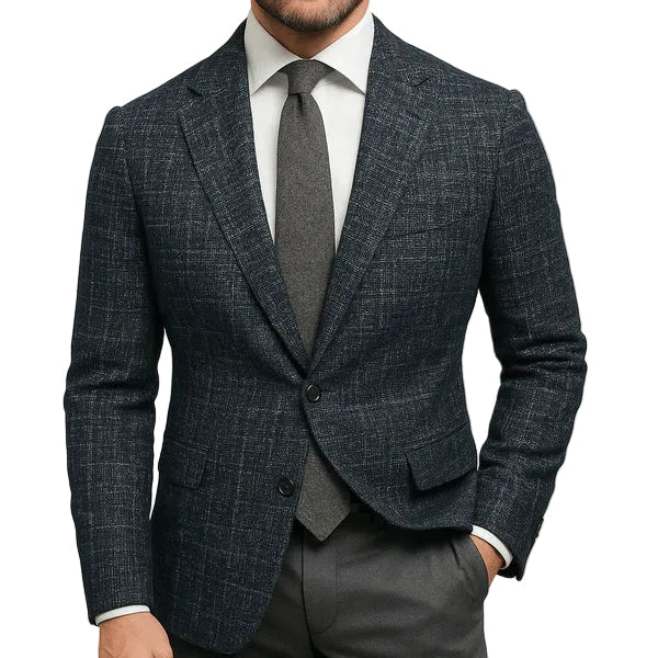 Elegant men's check pattern slim fit blazer, ideal for professional business meetings or formal events.