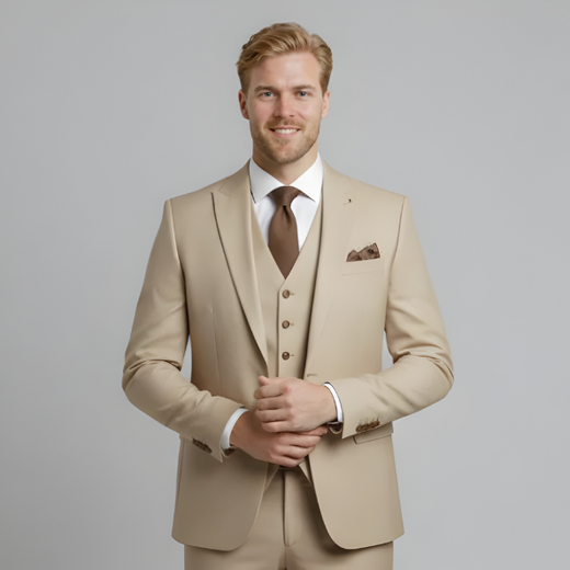 Men's slim fit three-piece formal suit in classic gray, perfect for weddings, business & special occasions.