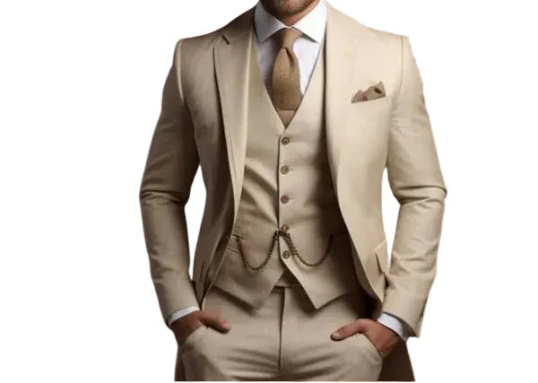 Stylish beige men's slim fit three-piece suit, ideal for spring weddings, proms & formal events.