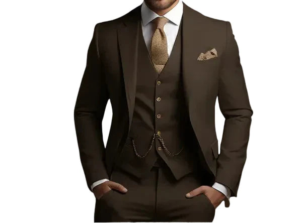 Modern dark green men's slim fit three-piece suit, tailored for weddings, proms & stylish formal wear.