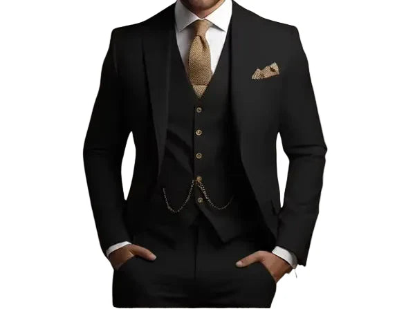 Tailored men's slim fit three-piece suit, designed for a modern look at weddings, business & formal events.