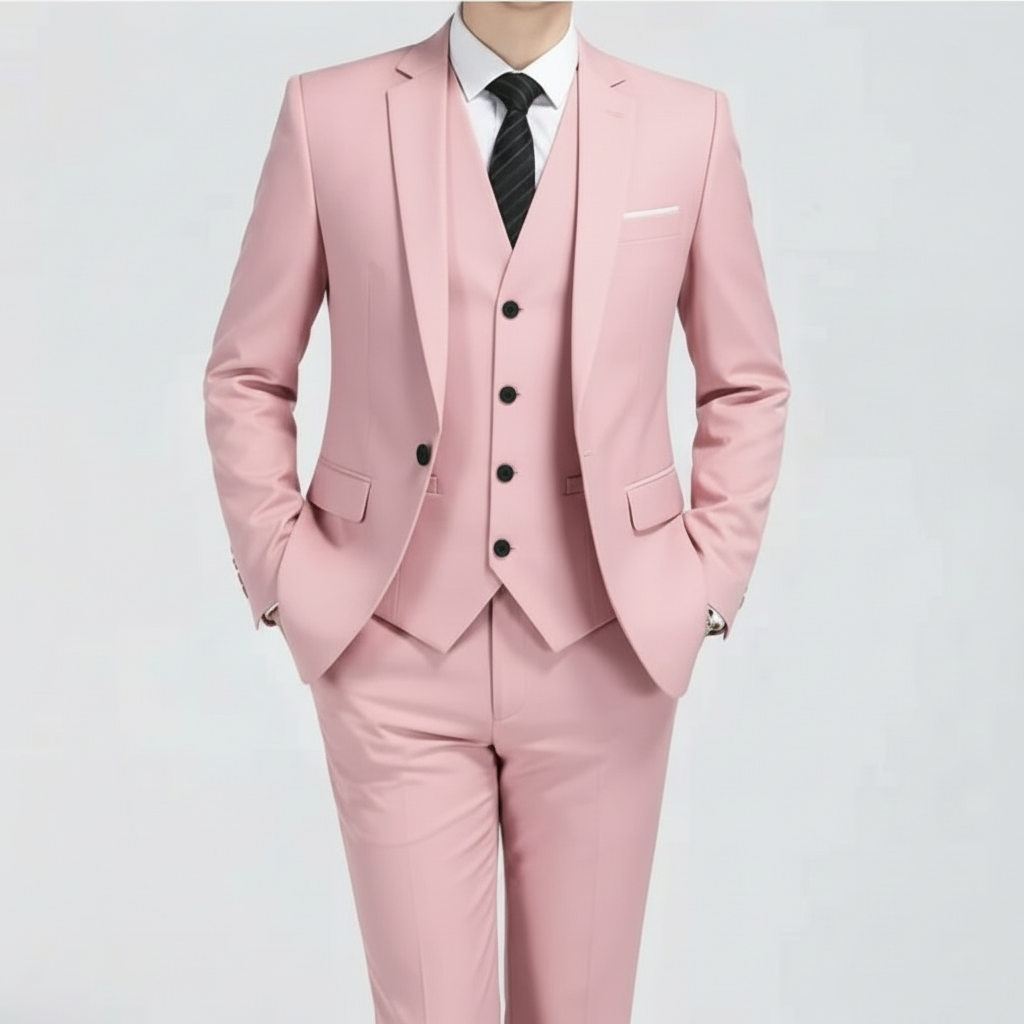 Classic men's three-piece wedding suit with vest, perfect for summer business attire