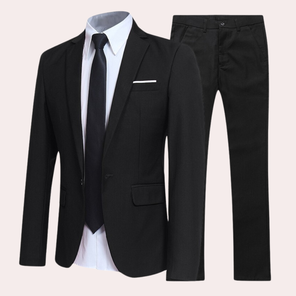 Men's slim fit two-piece suit for formal events, year-round wear. Includes blazer & tailored trousers.