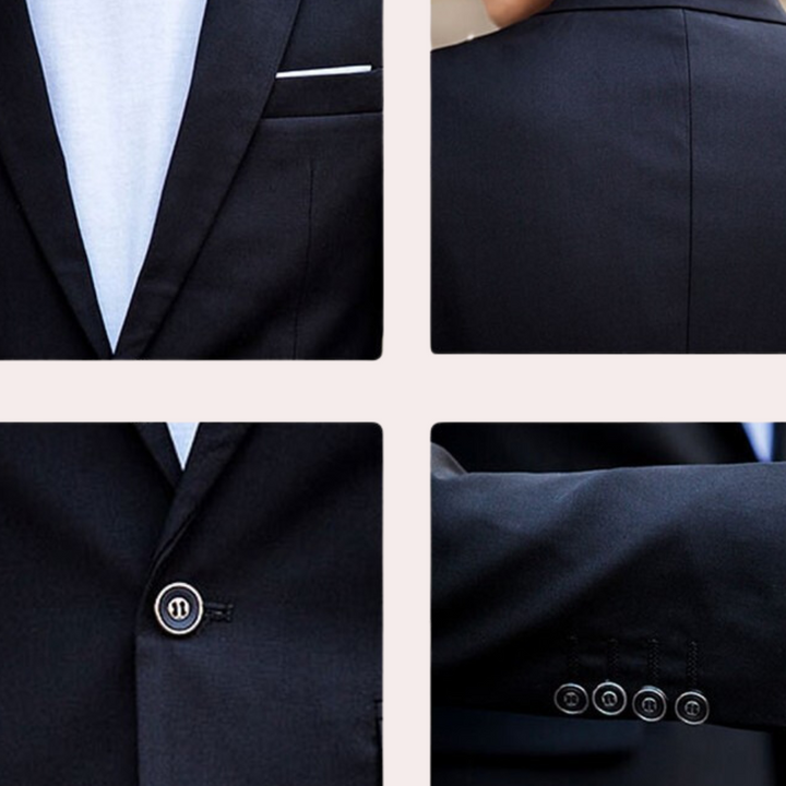 Elegant men's slim fit two-piece suit with blazer & tailored trousers. Comfortable professional event wear.