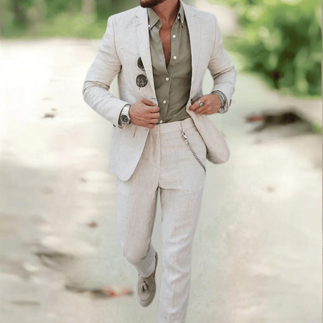 Elegant men's slim fit two-piece suit for weddings, formal events, or a sharp business look. Modern tailored design.