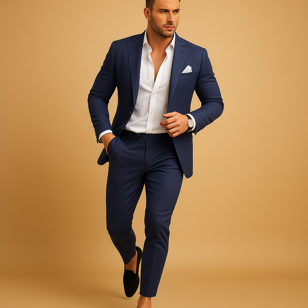 Men's slim fit two-piece suit set with tailored blazer and trousers, perfect for formal and business occasions.