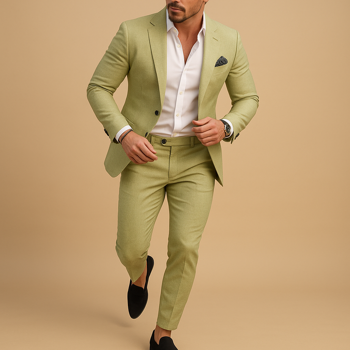 Stylish men's slim fit business suit set for modern formal wear. Includes a sleek tailored blazer & matching trousers.