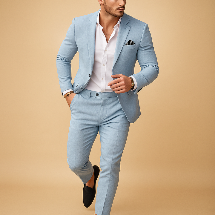 Versatile men's slim fit suit for business meetings, weddings, and formal events. Features a smart blazer & trousers.