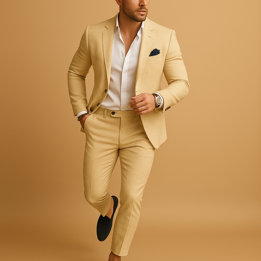 Classic men's slim fit suit set, featuring a sophisticated blazer and matching trousers for formal & party wear.