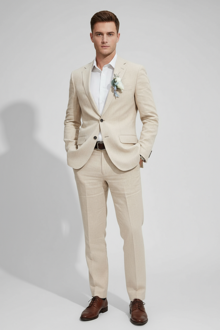 Men's slim fit two-piece tailored suit for weddings & formal events, showcasing modern men's fashion.