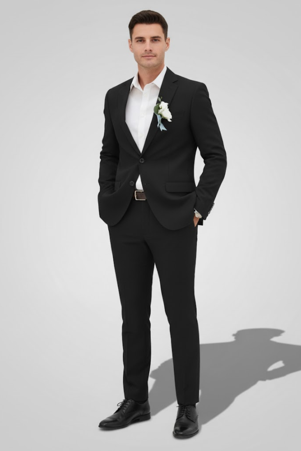 Elegant blue slim fit men's two-piece suit, perfect tailored formal wear for weddings & special events.