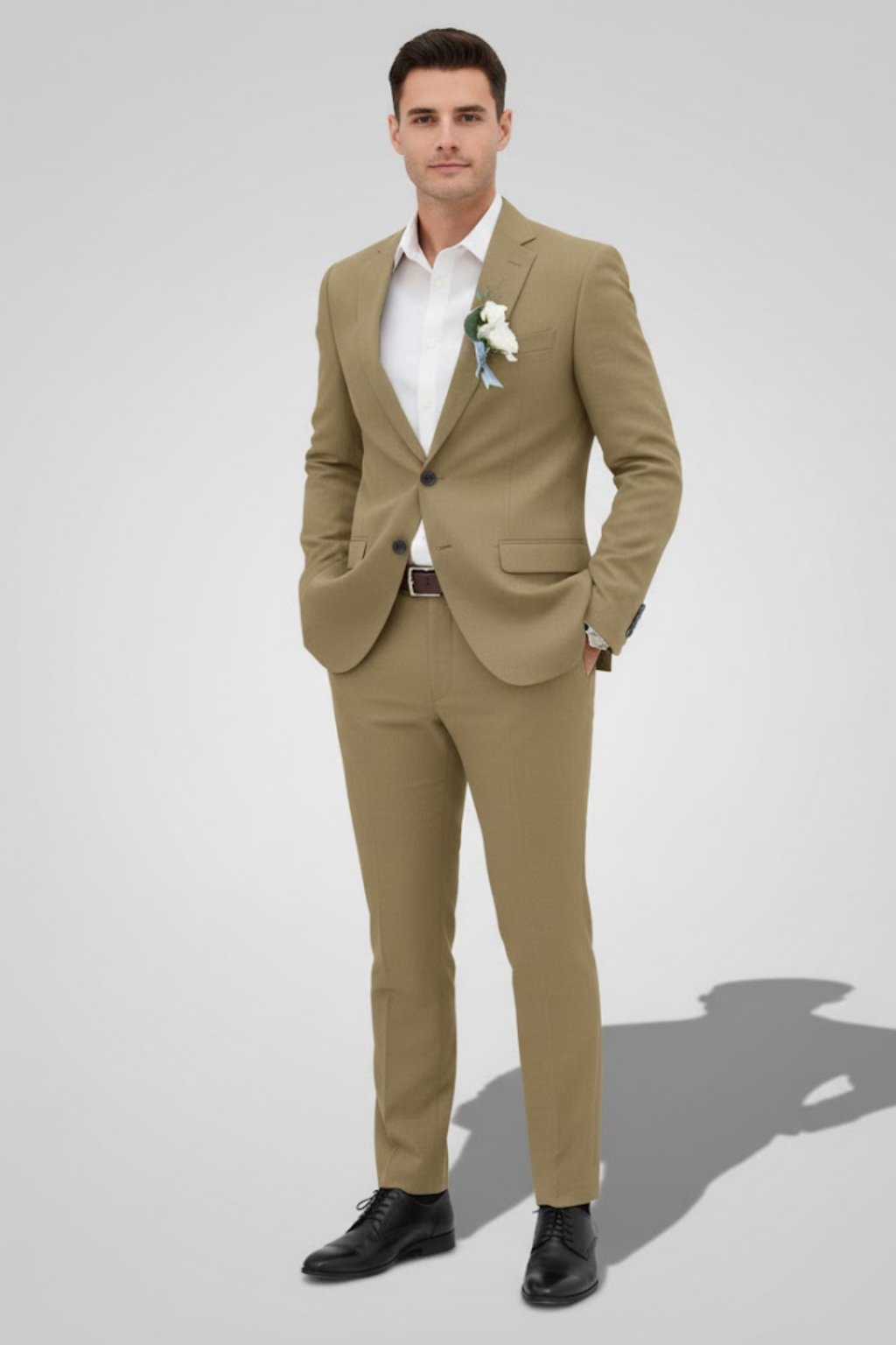 Light beige slim fit men's two-piece suit, ideal tailored summer wedding & formal event attire.