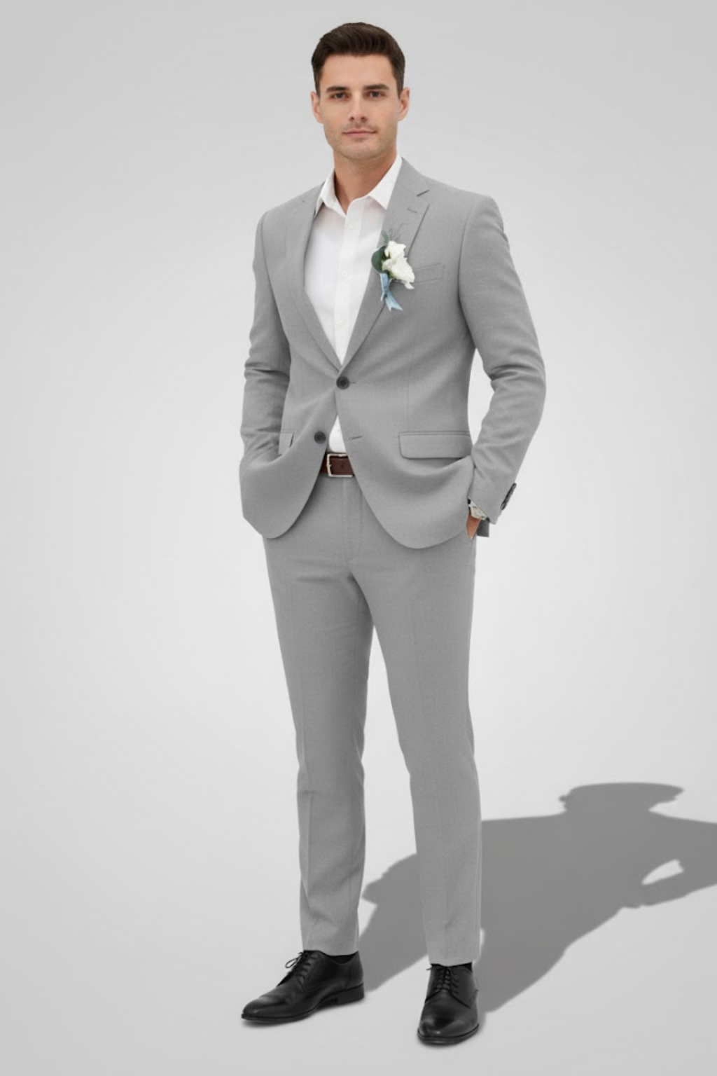 Sharp gray men's slim fit two-piece suit, a versatile tailored formal wear choice for any event.