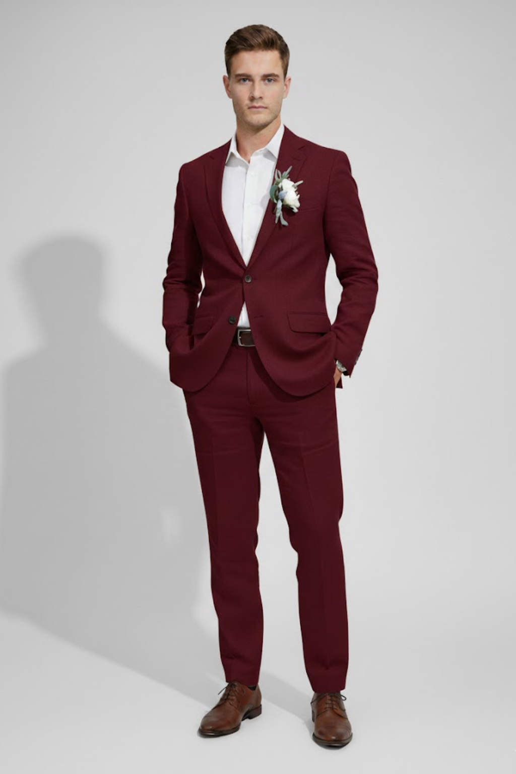 Bold red men's slim fit tailored two-piece suit, making a statement at weddings & formal events.