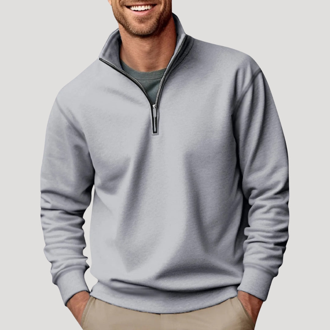Men's fall fashion quarter-zip pullover. Smart casual long-sleeve sweater with collar for modern menswear style.