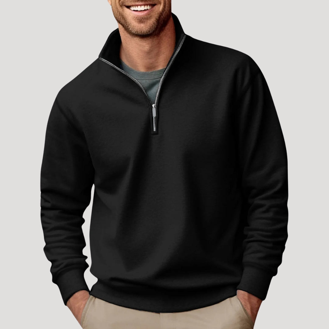 Comfortable men's quarter-zip pullover sweater. Ribbed trim, versatile for smart casual outfits & winter layers.