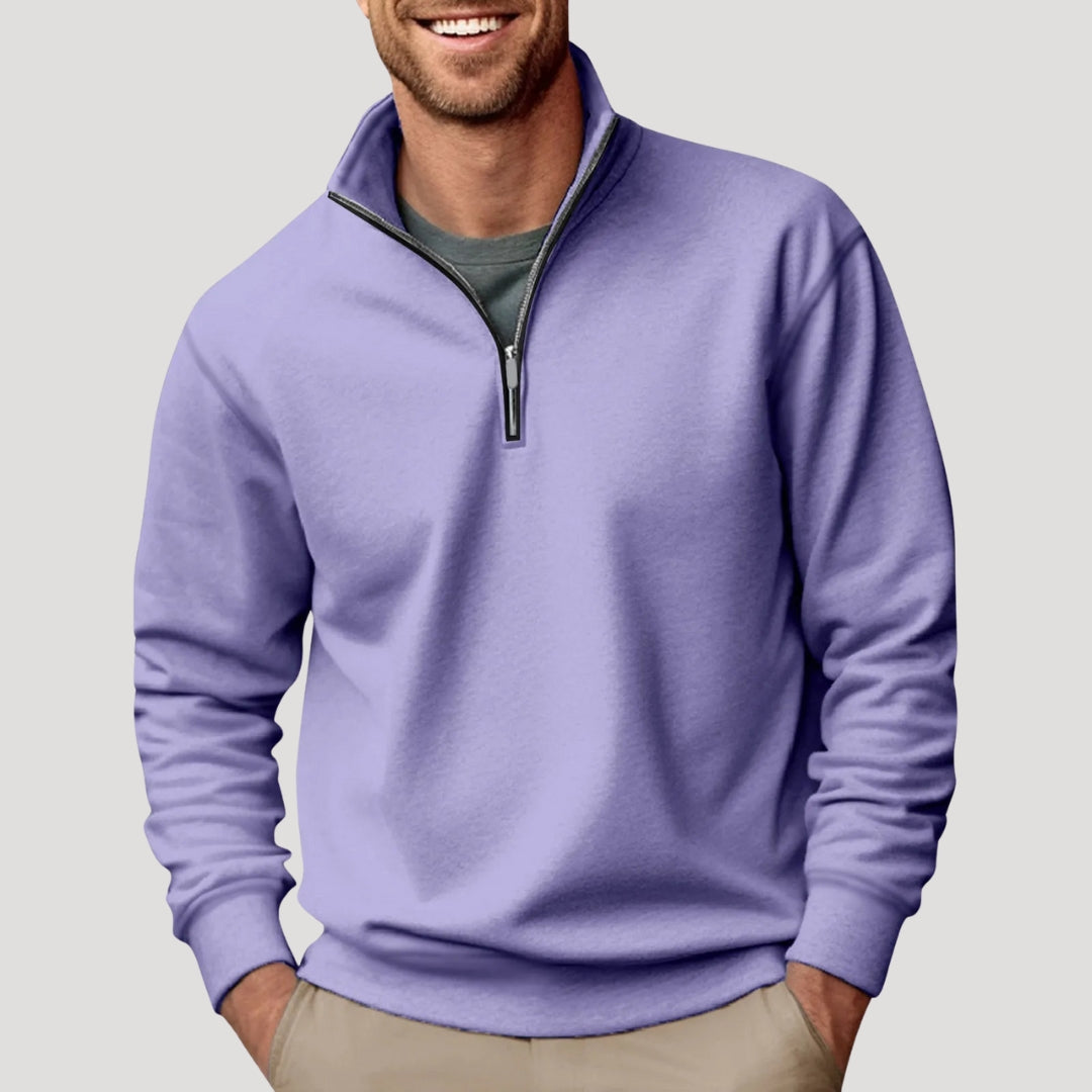 Men's smart casual quarter-zip pullover. Long-sleeve sweater, a versatile menswear top for fall/winter comfort.