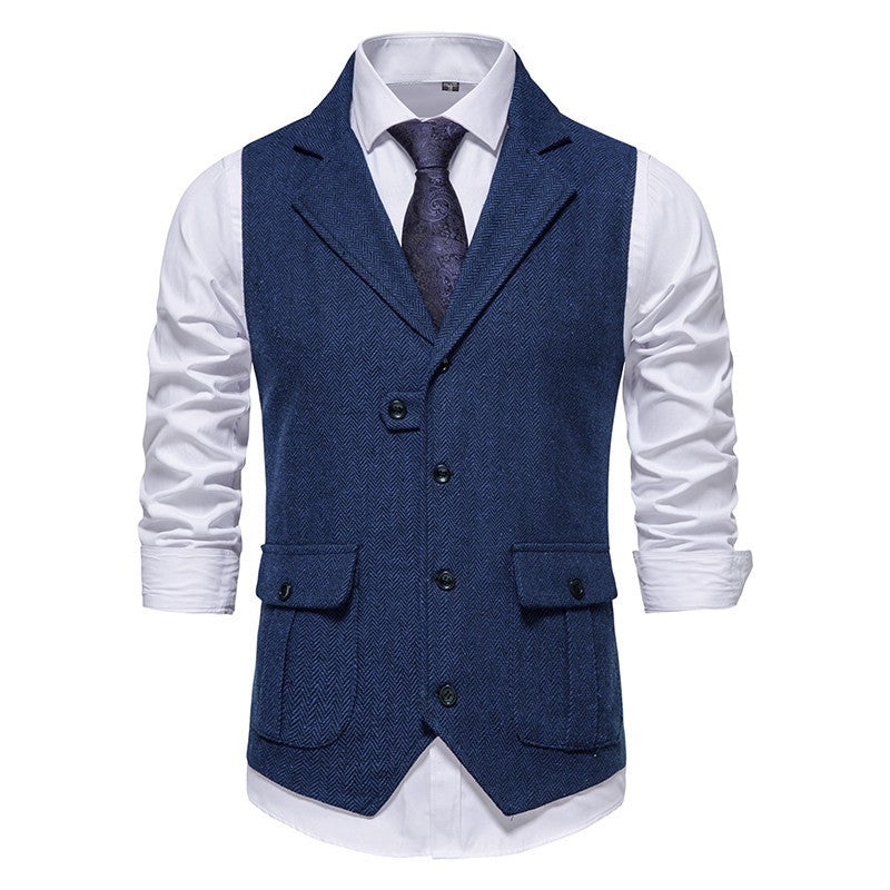 Close-up of a men's fashion vest, showcasing tailored fit and quality fabric for business wear.
