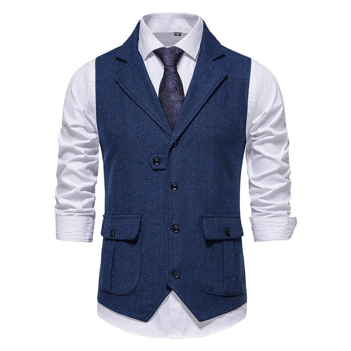 Close-up of a men's fashion vest, showcasing tailored fit and quality fabric for business wear.