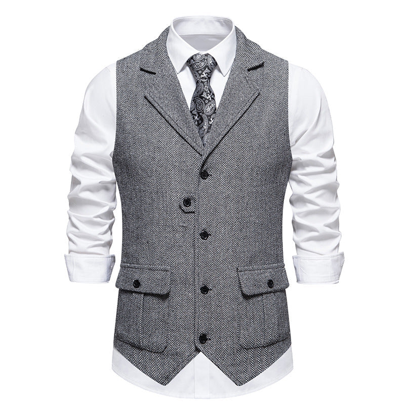 Front view of a men's business vest, a key piece for smart casual menswear and office wear.