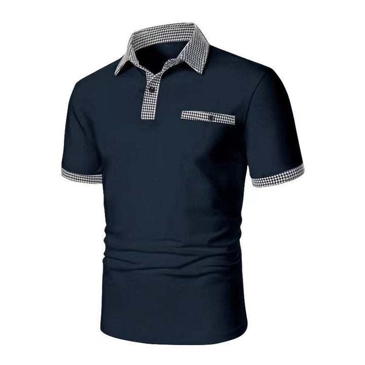 Smart casual men's polo, checkered detail, performance wear, breathable short sleeve for comfort.