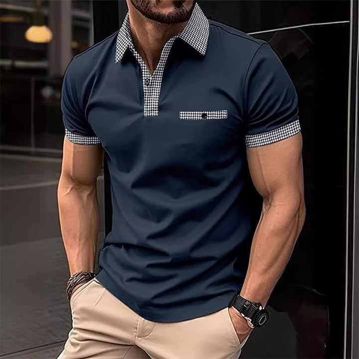 Stylish men's polo shirt with modern checkered detail, breathable for golf or smart casual occasions.