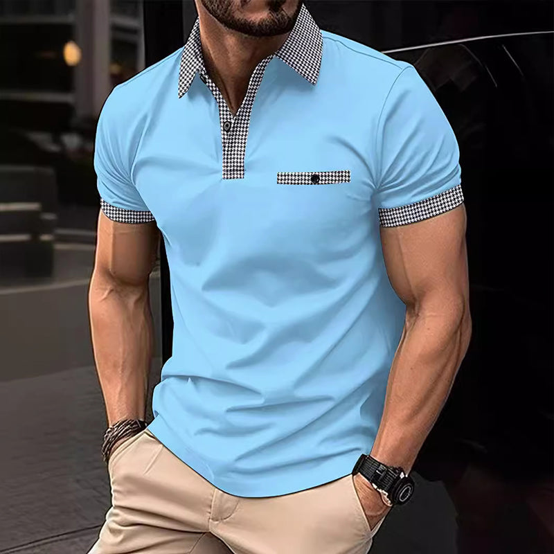 Performance men's polo, checkered design, short sleeve for breathability during summer activities.