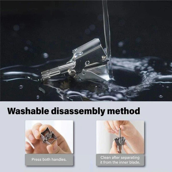 Portable, battery-free stainless steel nose & ear hair trimmer for men's personal care.