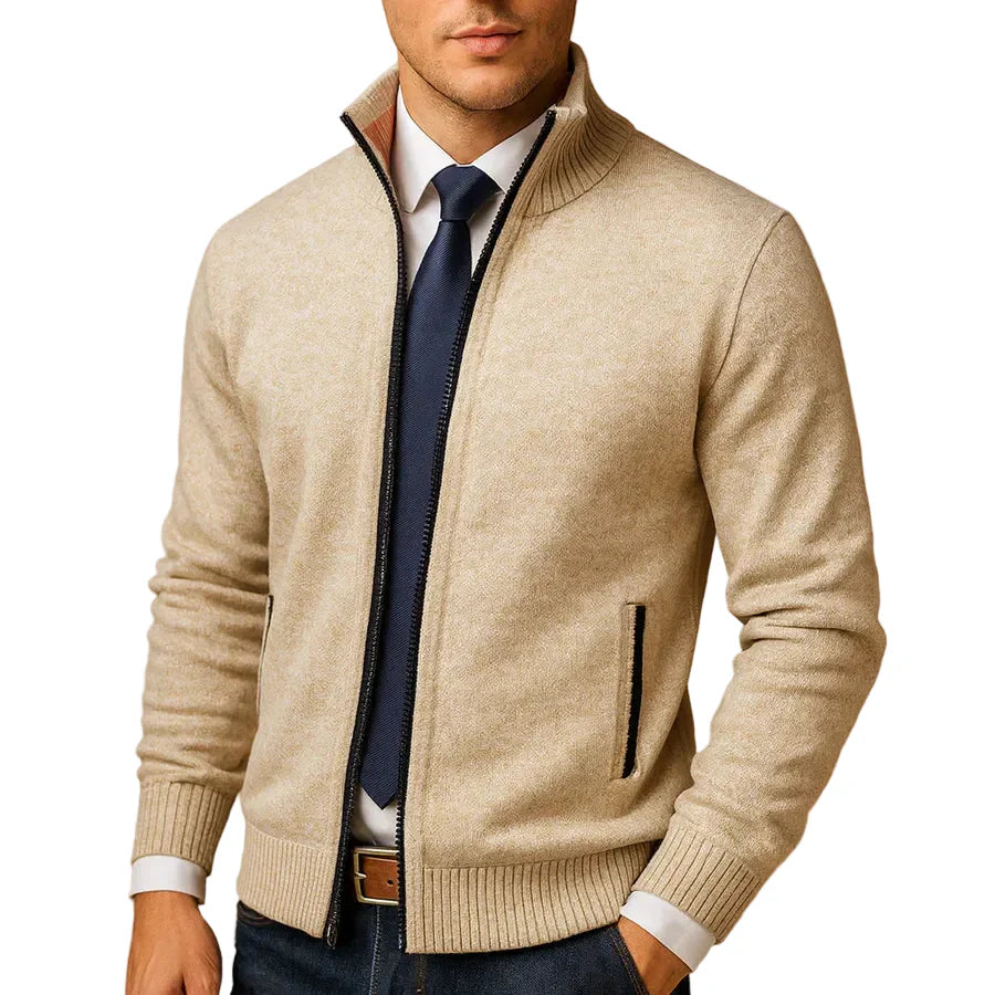 Men's stand collar zip cardigan with secure zip pockets, ideal for casual layering.