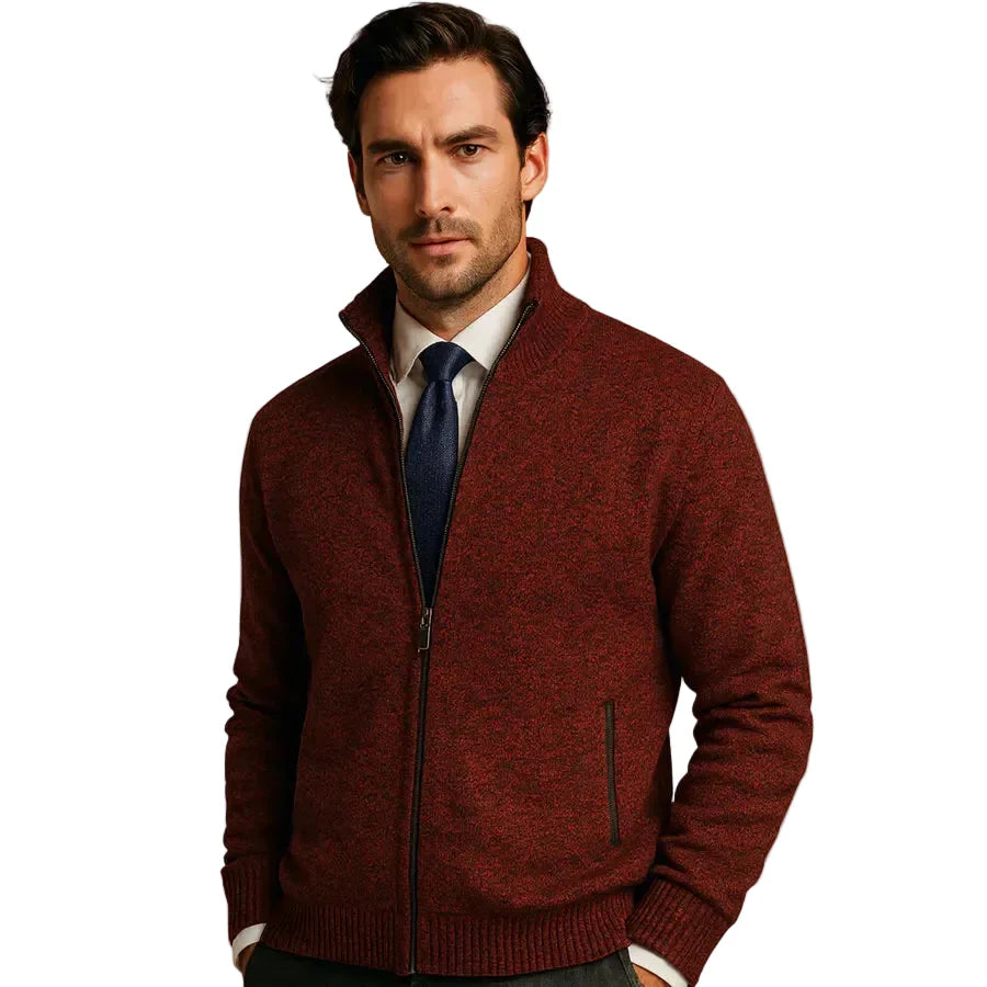 Classic men's zip-front cardigan with stand collar and practical secure pockets.