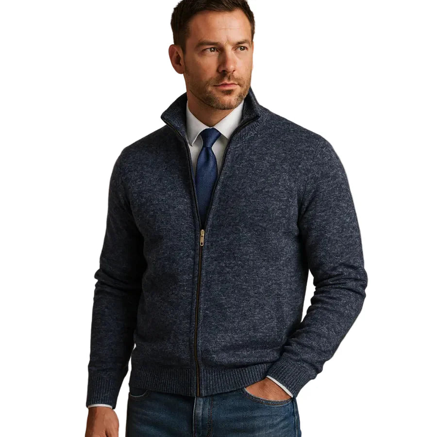 Stylish men's stand collar cardigan, a comfortable long sleeve layering piece.