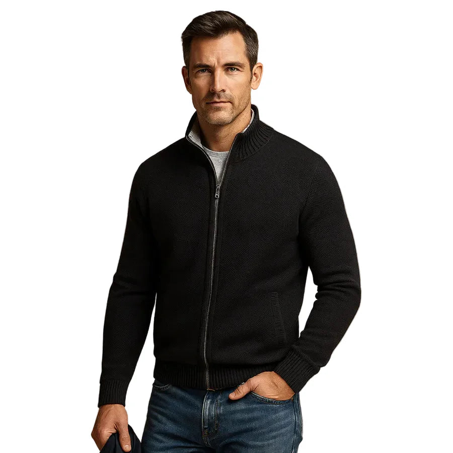 Men's everyday wear zip cardigan, featuring a stand collar and functional zip pockets.