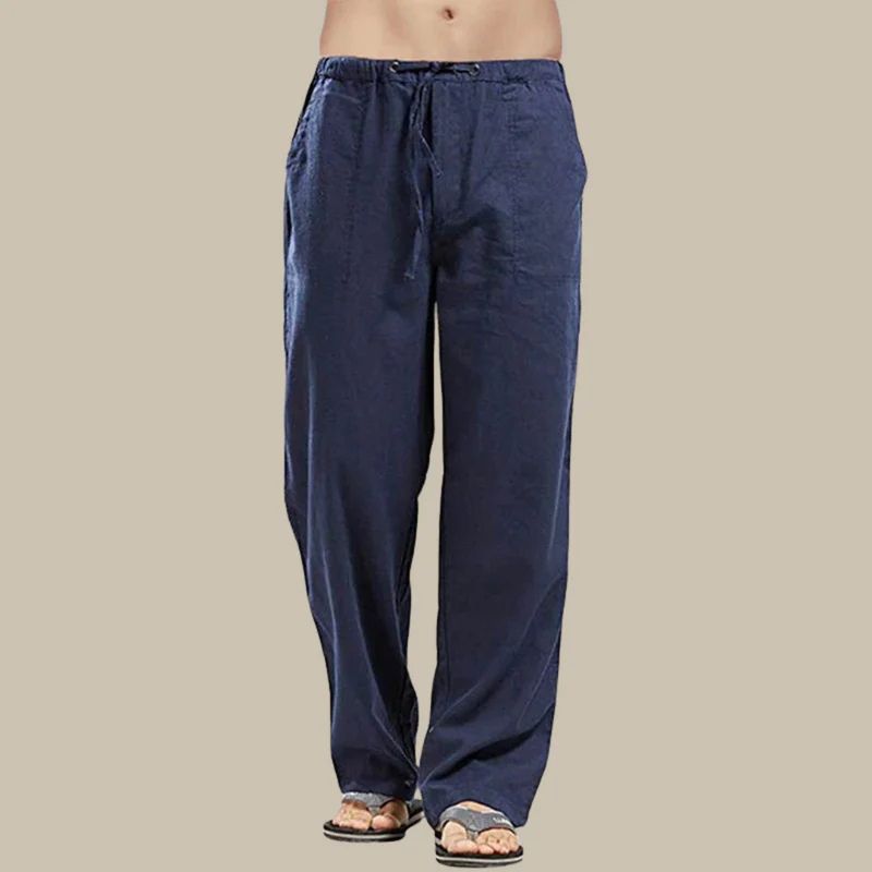 Comfortable men's drawstring summer pants, straight cut, ideal for relaxed warm weather wear.