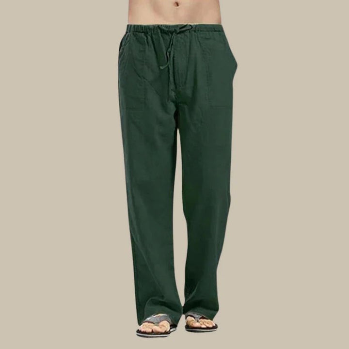 Straight-cut men's summer pants, drawstring waist for comfort, relaxed fit, ideal for warm weather fashion.