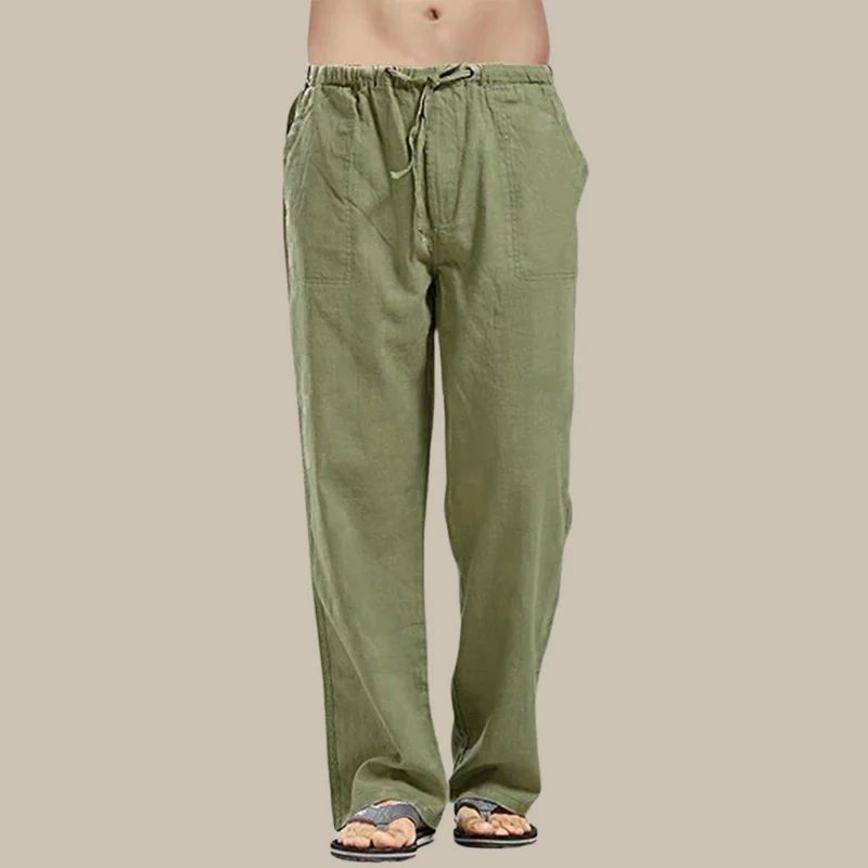 Comfortable men's straight leg summer pants, drawstring waist, relaxed fit for warm weather activities.