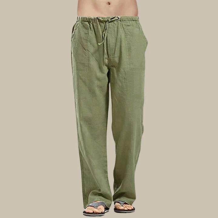 Comfortable men's straight leg summer pants, drawstring waist, relaxed fit for warm weather activities.