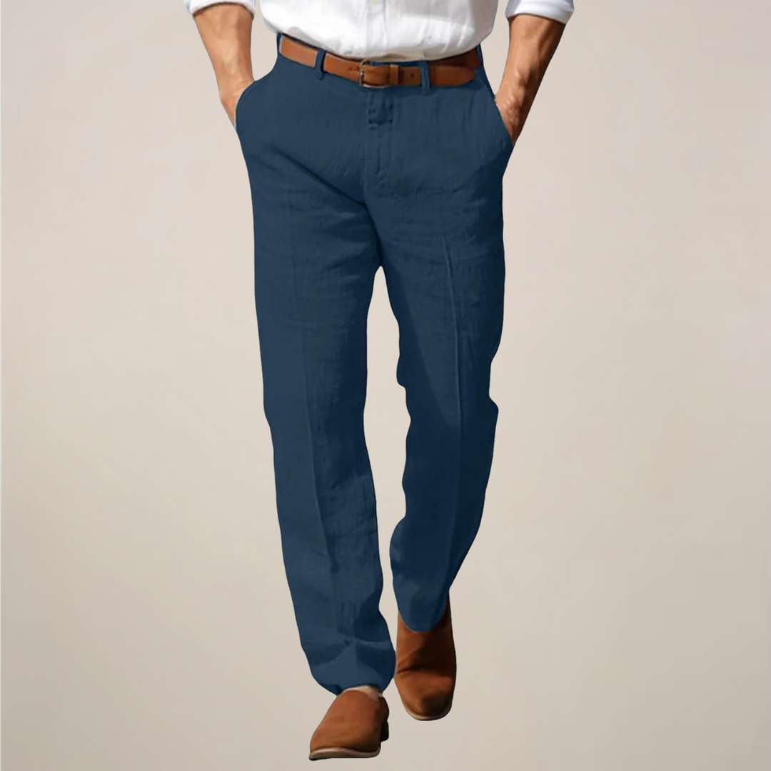 Lightweight men's straight-leg pants, offering versatile style and comfort for summer days and casual events.