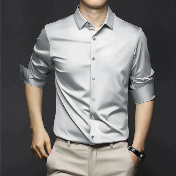 Front view of a grey men's stretch dress shirt, ideal for stylish formal or casual occasions.