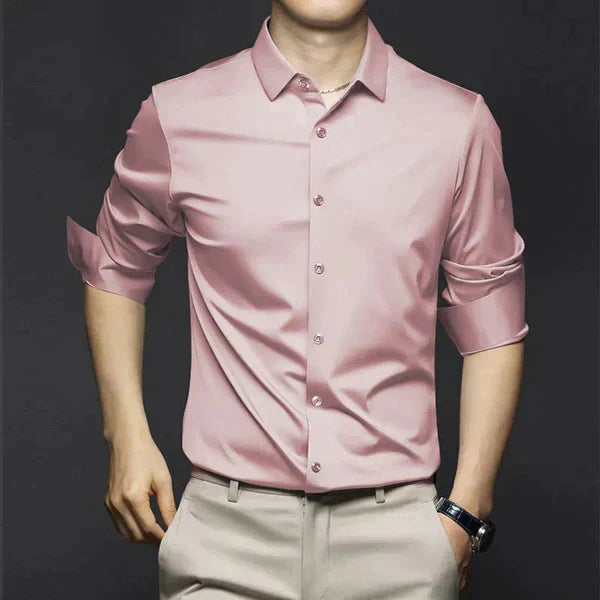Back view of a men's stretch slim fit dress shirt, showing the tailored silhouette and comfort.