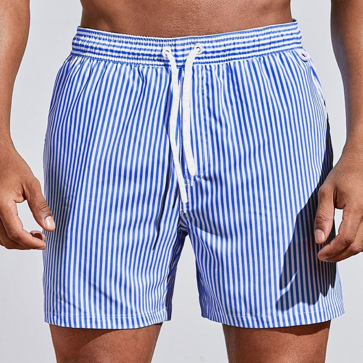 Men's striped drawstring swimming trunks for beach or pool. Stylish casual summer swimwear shorts.